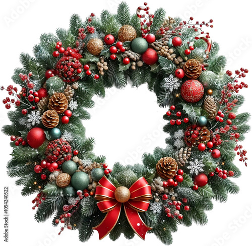 Christmas wreath isolated on transparent background. Top view with copy space
