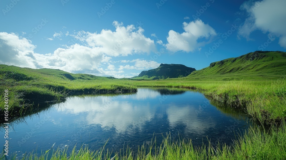 Fototapeta premium Tranquil Grassland View with Reflective Pond