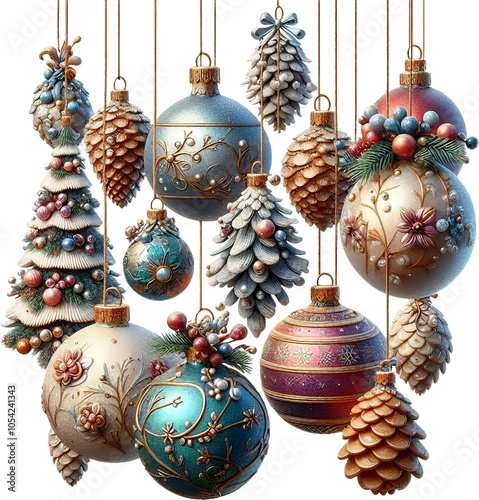 Christmas decoration, Christmas tree and balls with transparent background.
