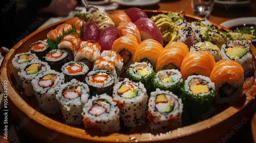 Vibrant Sushi Platter with Various Rolls and Ingredients Vibrant Sushi Platter with Various Rolls and Ingredients