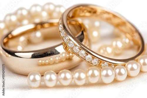 Gold wedding rings accompanied by a string of elegant pearls, ideal for wedding jewelry display photo