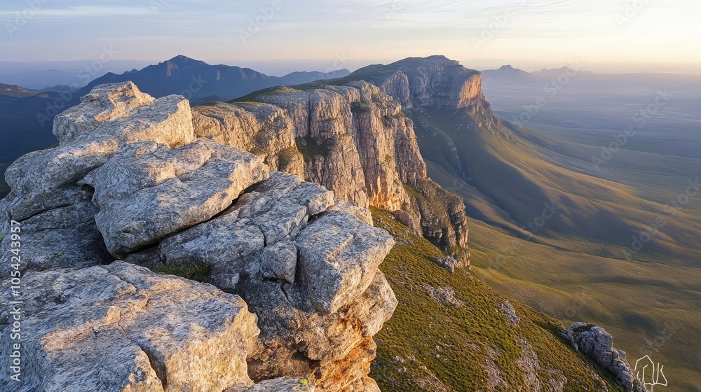 Obraz premium Vast mountain range with sun rising over rugged cliffs, soft light casting shadows, peaceful and inspiring landscape