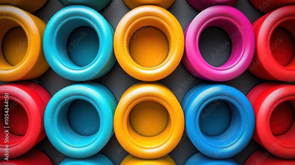 Colorful Circular Objects with Groove Detail on a Dark Background Colorful Circular Objects with Groove Detail on a Dark Background