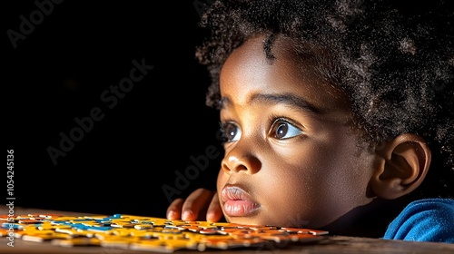 Close up portrait of a thoughtful attentive Black child with autism spectrum disorder focusing intently on a blurred puzzle or educational toy in the background