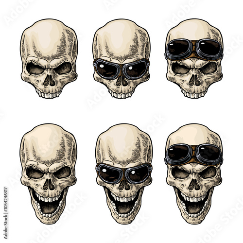 Skull smiling with glasses for motorcycle on forehead and eyes. Color vintage vector engraving illustration. For poster and tattoo biker club. Hand drawn design element isolated on white background