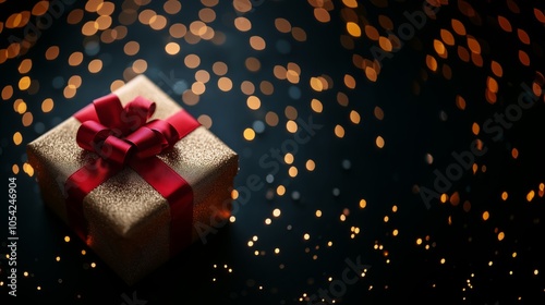 Wallpaper Mural Sparkly gift box with ribbon for christmas celebration.  Wide banner with copy space. Festive present with golden texture on dark background with lights for holiday design. Torontodigital.ca