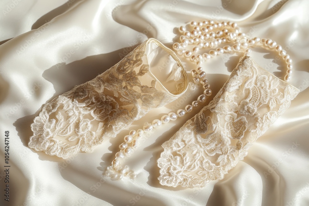 Elegant lace gloves and pearl necklace laid on soft fabric for a sophisticated bridal or formal look Elegant lace gloves and pearl necklace laid on soft fabric for a sophisticated bridal or formal look
