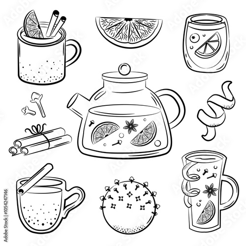 Winter drinks. Mulled wine ingredients. Punch in cup, mug, pot. Red wine, citrus, spices. Vector sketch style set.