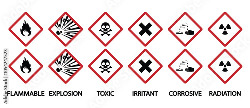 Hazardous materials signs icon. Global Harmonized System warning sign. Hazmat isolated placard. Icons of flammable, explosive, toxic, irritating, corrosive, and radiation materials, vector icon set.