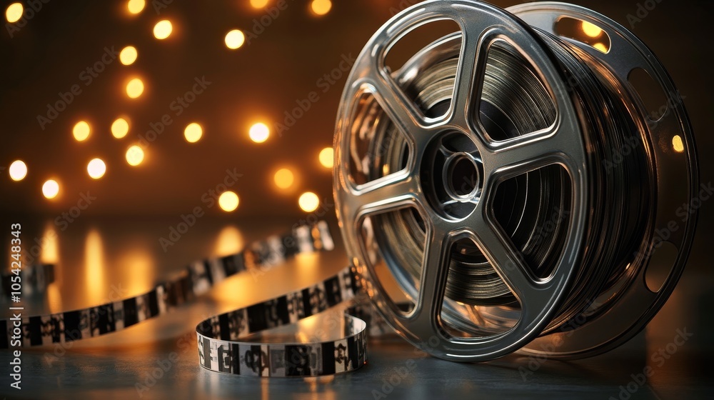 Obraz premium A vintage film reel with a strip of film, set against a backdrop of soft glowing lights.