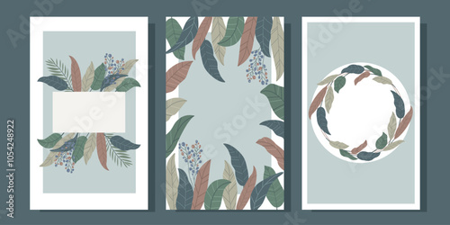 Set of three postcards with stylized leaves in boho style. Vector.