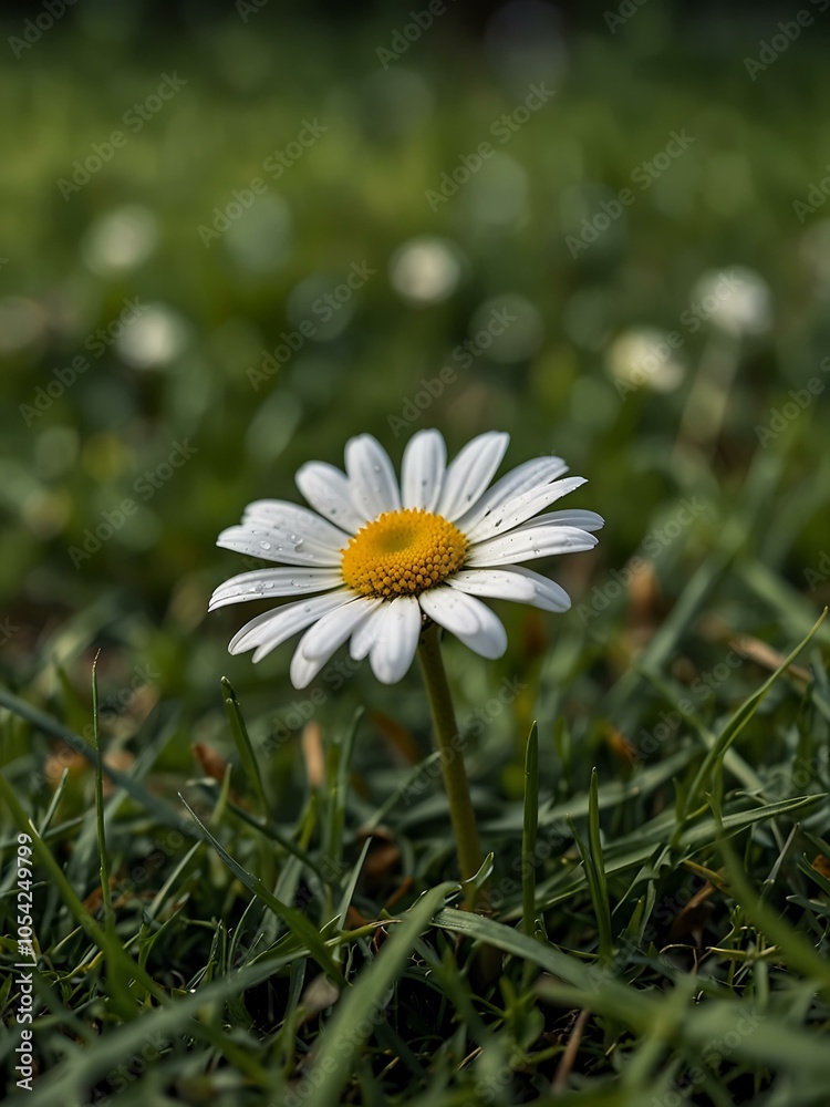 Fototapeta premium Daisy flower close-up among green grass.