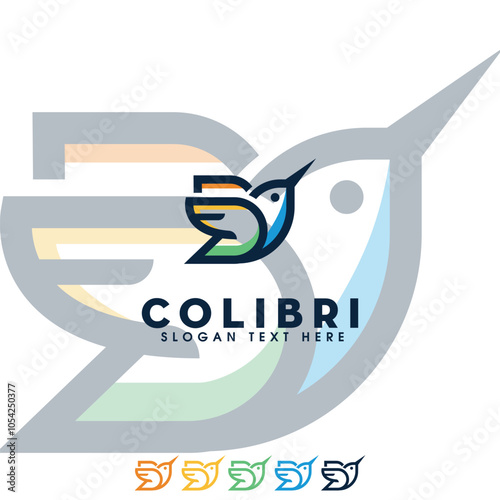 simple and clean humming bird colibri logo design.  Flying bird monoline logo line style colorful illustration