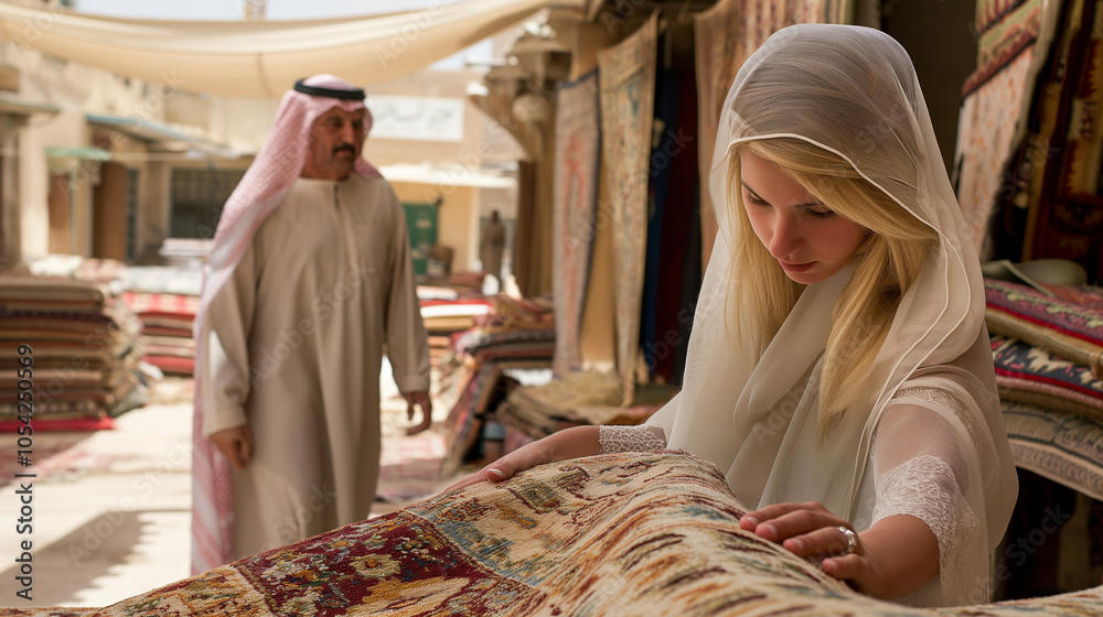 Woman feeling carpets in a Middle Eastern market.
