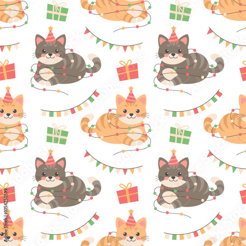 Seamless pattern with cute Christmas kittens in Santa hat, garlands, gifts and flags. Holiday illustration, background