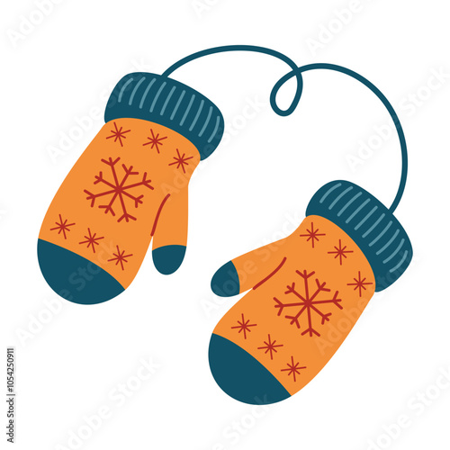 Knitted mittens.Warm knitted mittens.Cute blue gloves with snowflake patterns a for the winter season.Pair of woolen knitted gloves.Vector illustration.Warm accessories for cold weather.