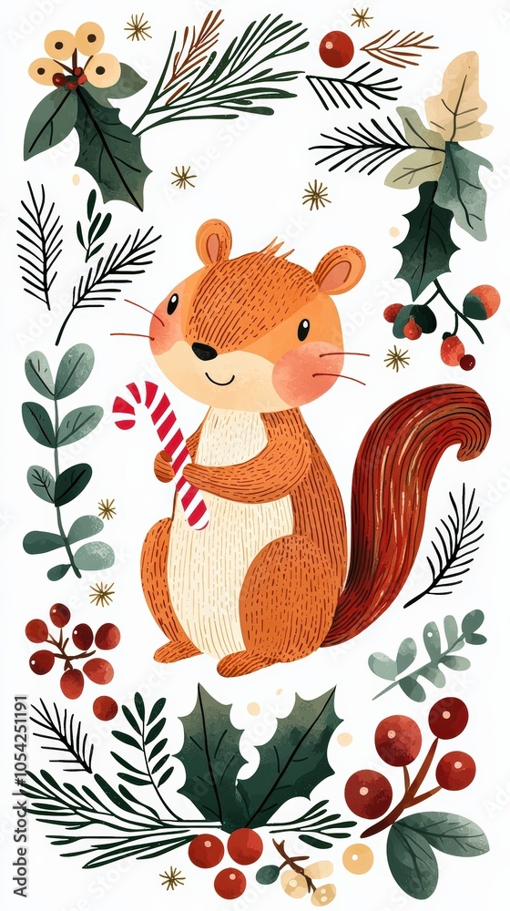 Naklejka premium A delightful squirrel with a candy cane stands amidst festive greenery and red berries, showcasing a playful spirit