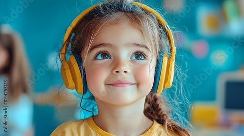 Smiling Latino Child with Autism Wearing Headphones in Blurred Classroom Setting  Concept of Inclusive Education Assistive Technology and Embracing Neurodiversity