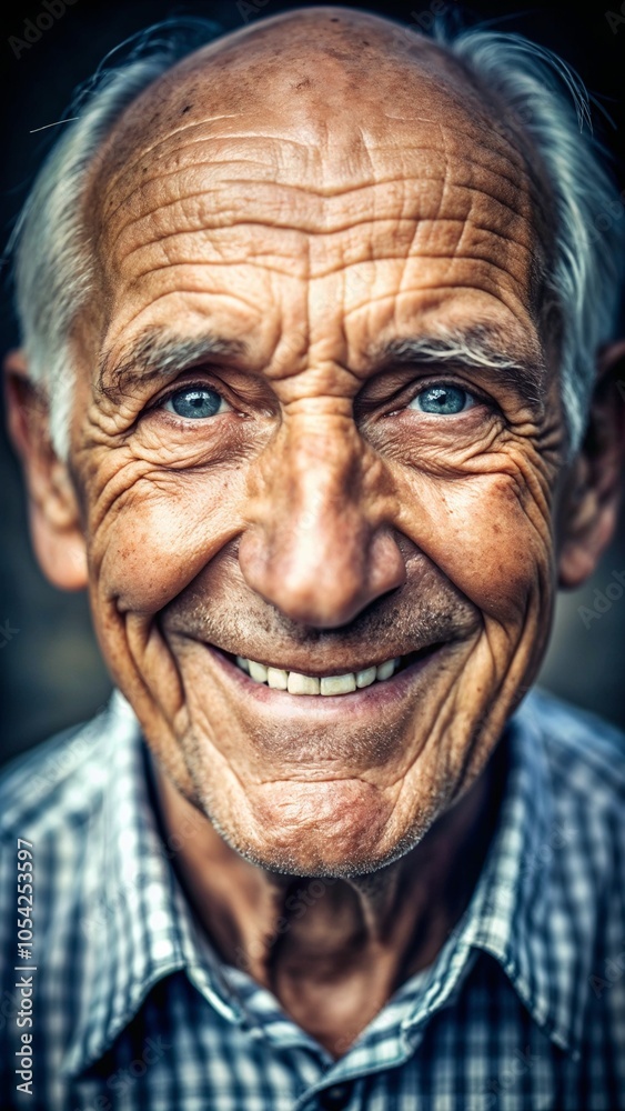 Smiling elderly man with blue eyes in a checkered shirt on a blurred background Smiling elderly man with blue eyes in a checkered shirt on a blurred background