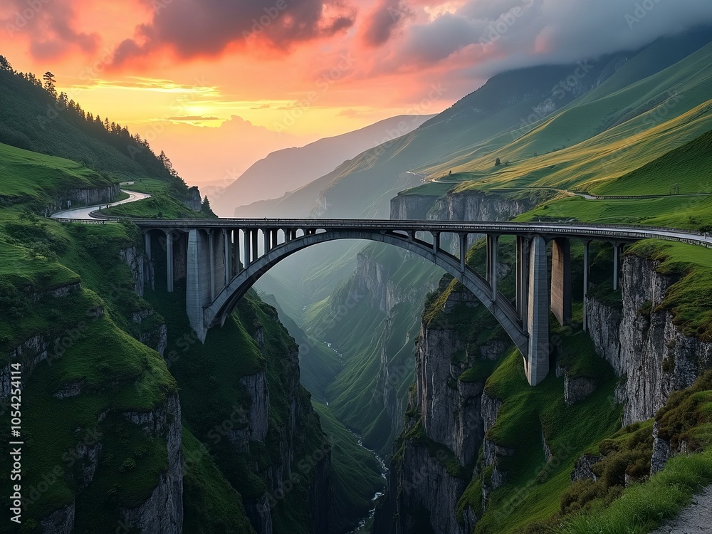 Fototapeta premium Dramatic Mountain Bridge at Sunset with Deep Valley and Lush Green Hills, Landscape Photo