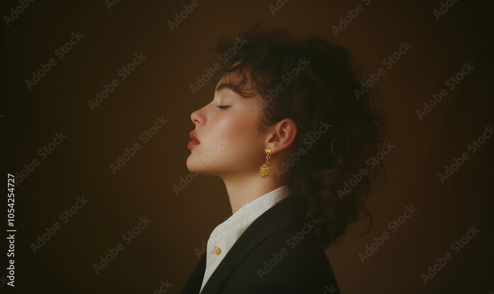 A Profile Portrait of a Woman With Curly Hair Wearing Elegant Earrings in a Soft, Neutral-Toned Setting During a Serene Moment A Profile Portrait of a Woman With Curly Hair Wearing Elegant Earrings in a Soft, Neutral-Toned Setting During a Serene Moment