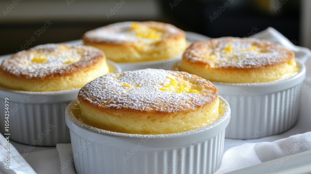 Delicious Lemon Soufflés Freshly Baked in White Ramekins Delicious Lemon Soufflés Freshly Baked in White Ramekins