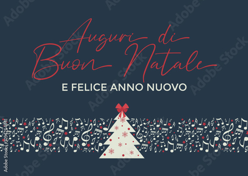 Cartolina di Auguri di Buon Natale e felice anno nuovo con note musicali