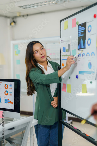 Businesswoman using whiteboard to explain charts and statistics during a presentation in the office photo