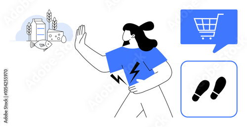 Woman turning away from unhealthy food like dairy, fish, and grains with a stop gesture, shopping cart and footsteps icons representing fitness and healthy choices. Ideal for wellness, health