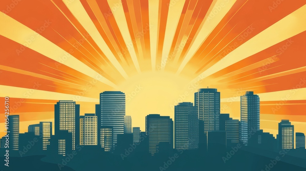 Fototapeta premium A vibrant city skyline at sunrise, showcasing tall buildings against a radiant backdrop.