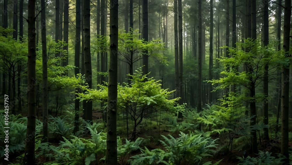 Obraz premium Green forest in the morning with evenly spaced trees.