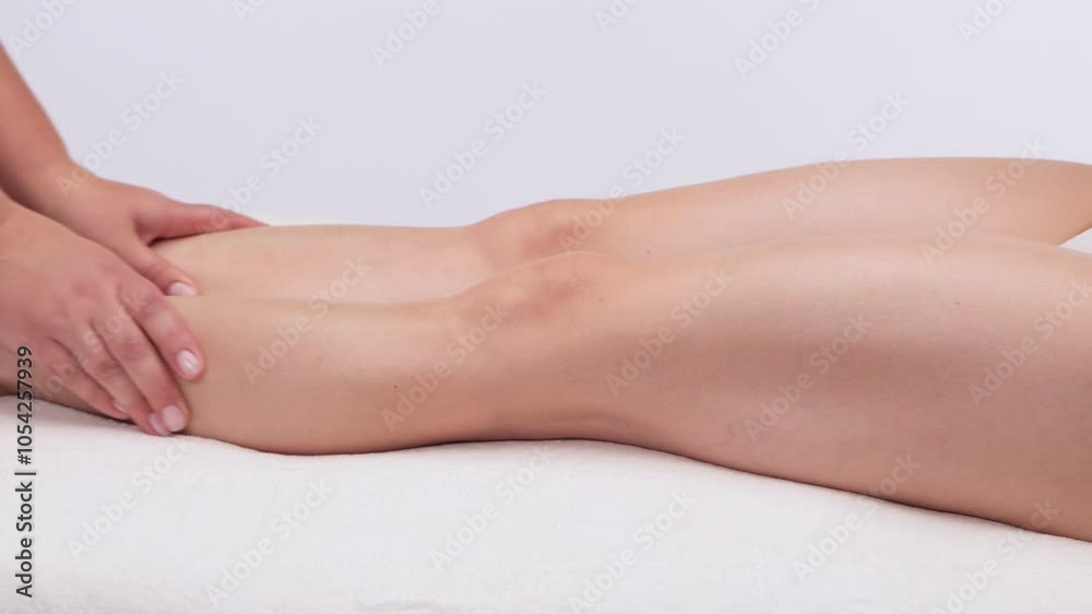Masseur makes anti-cellulite massage on the legs, thighs, hips and buttocks in the spa. Overweight treatment, body sculpting.Cosmetology and massage concept. Masseur makes anti-cellulite massage on the legs, thighs, hips and buttocks in the spa. Overweight treatment, body sculpting.Cosmetology and massage concept.