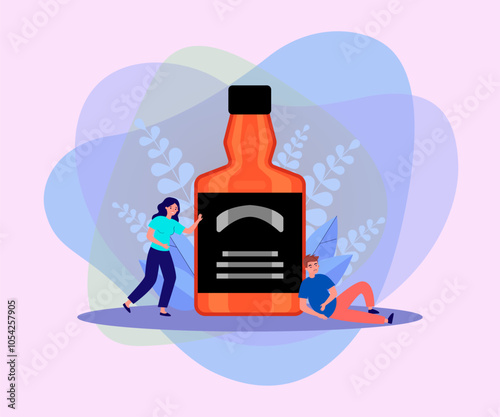 Drunk man and woman near huge bottle of alcoholic drink. Flat vector illustration. Harm of alcohol concept