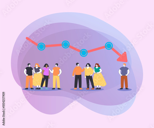 Demographic decline arrow above young people vector illustration. Men and women standing and talking, fertility and birth reduction in Europe. Demographic crisis, fertility, population concept
