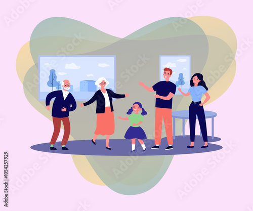 Elderly couple dancing with family at home vector illustration. Drawing of grandmother and grandfather spending time with mother, father and daughter. Senior life, retirement, family, leisure concept