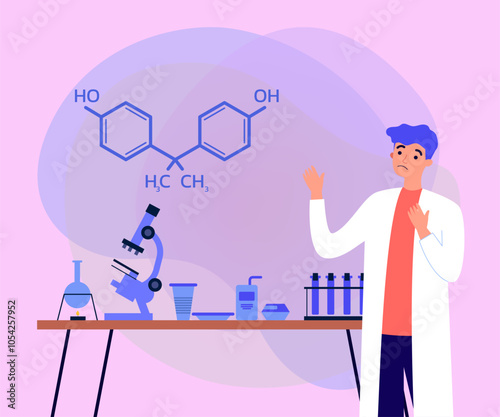 Ecological lab scientist troubled about exceeds of safety levels of bisphenol. Plastic tableware, drinking straws, microscope on lab table. Environment, population concept