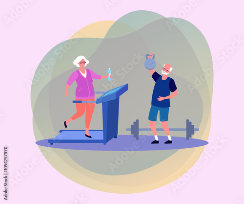 Elderly couple exercising with gym equipment vector illustration. Cartoon drawing of senior woman on treadmill and man lifting weights. Healthy lifestyle, recreation, sports, retirement concept