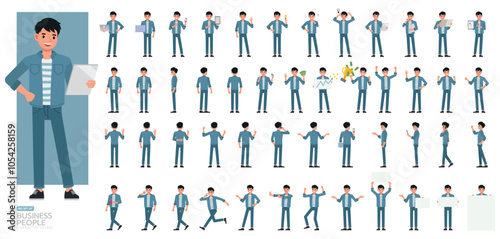 Big Set of businessman wear blue jeans shirt character vector design. People working in office planning, thinking and economic analysis. Presentation in various action.