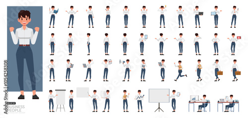 Big Set of businesswoman wear white shirt character vector design. People working in office planning, thinking and economic analysis.