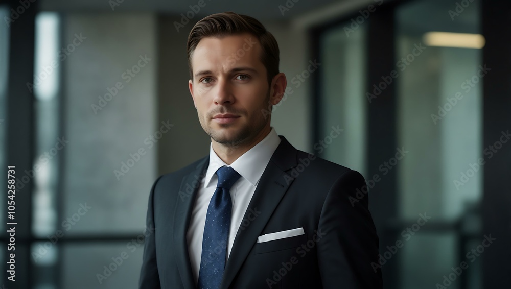 High-resolution image of a suited businessman in a modern environment.