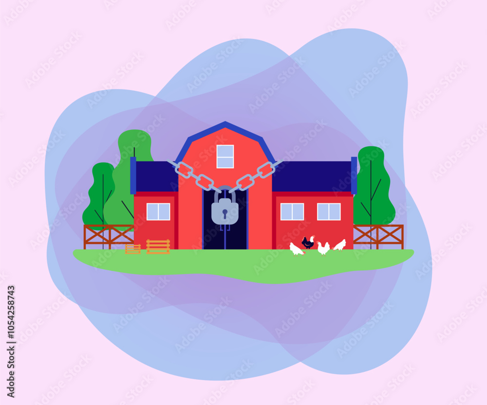 Obraz premium Farm with big lock vector illustration. Livestock farms located near nature reserves closing because of nitrogen emissions. Farm closures, farming, ecology, saving nature concept