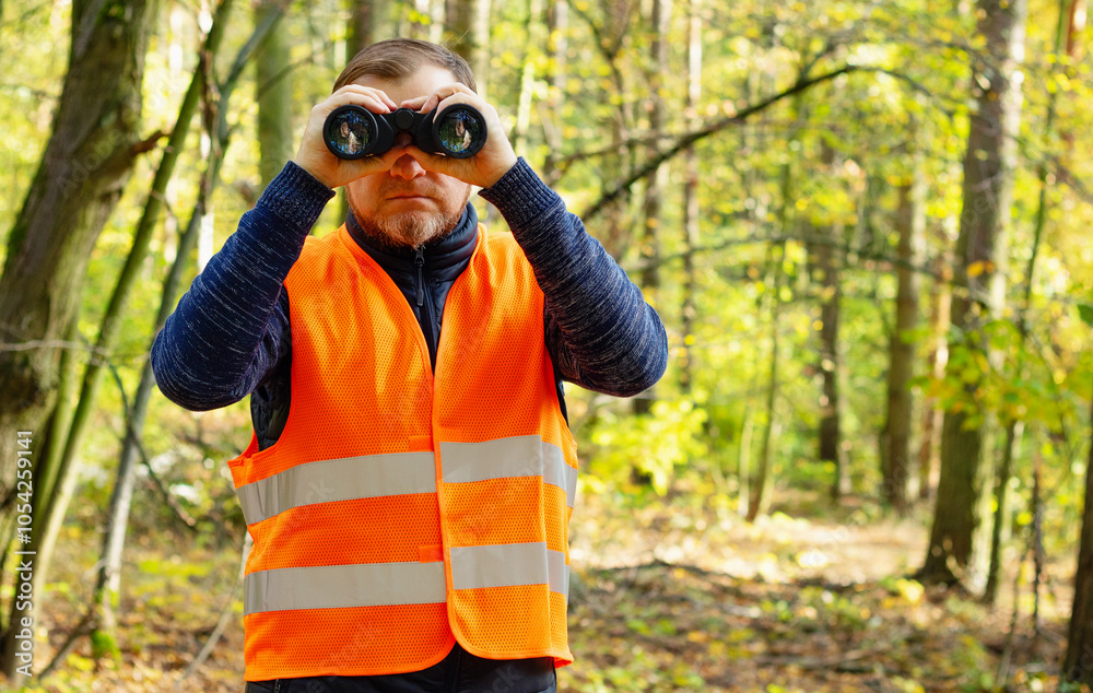 Male ecologist in uniform looks through binoculars and control the forest area. Protecting the national park from fires in autumn. Environmental conservation. Watching birds and animals in the forest.