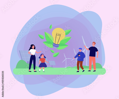 Happy people with big lightbulb as symbol of alternative energy. Renewable energy, solar power panels, wind turbines vector illustration. Ecology, environment, green living, sustainability concept