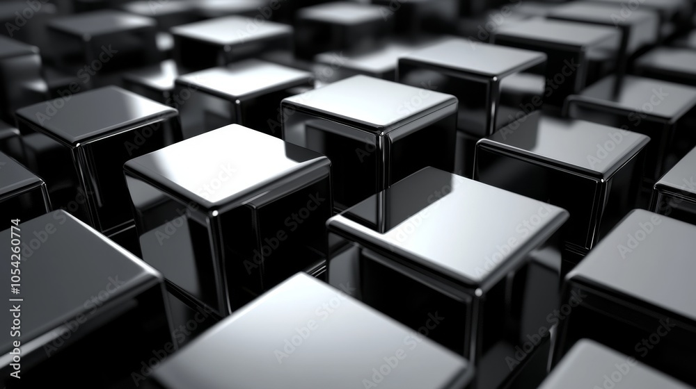 Obraz premium A close-up view of shiny, reflective black cubes arranged in a grid pattern.