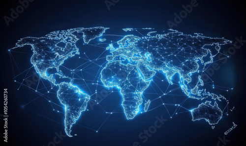 digital world map with glowing connections, representing global networking and technology. interconnected lines highlight various regions and continents