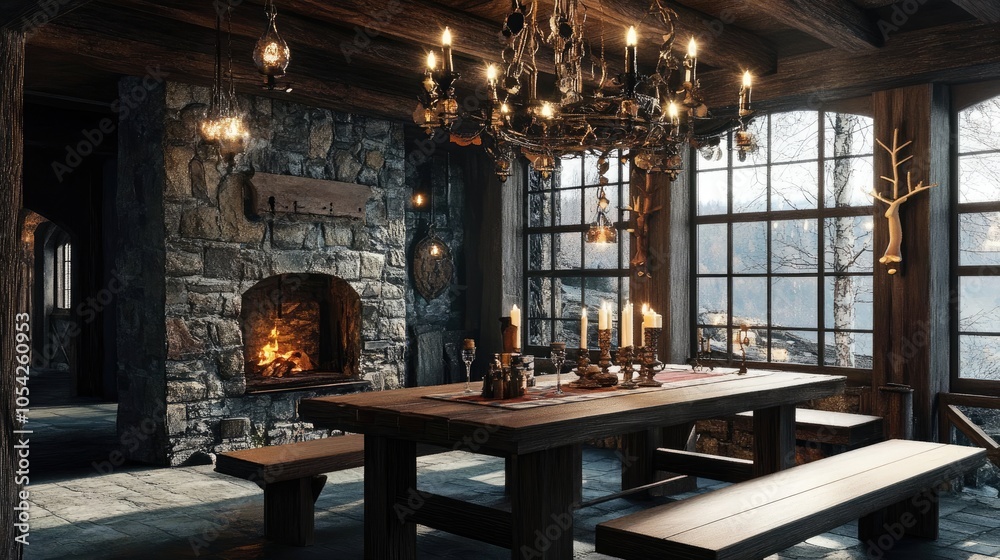Country-style dining area with wooden table, benches, and vintage chandelier for a rustic look. Country-style dining area with wooden table, benches, and vintage chandelier for a rustic look.