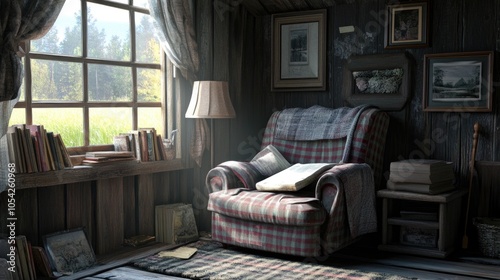 Wallpaper Mural Cozy corner with a plaid armchair, vintage lamp, and country decor for a rustic reading nook. Torontodigital.ca
