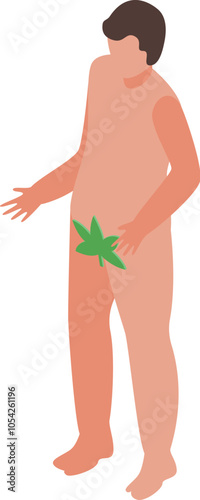 Naked man covering his private parts with a green leaf, symbolizing modesty, innocence, and the origins of humanity