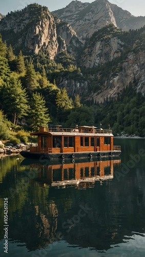 Luxurious houseboat docked at a tranquil mountain lake