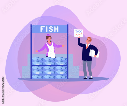 Man showing tax chart to shocked seller at fish stall. Commercial maritime activity, woman selling fish, increasing tax on salmon vector illustration. Seafood industry, aquaculture concept